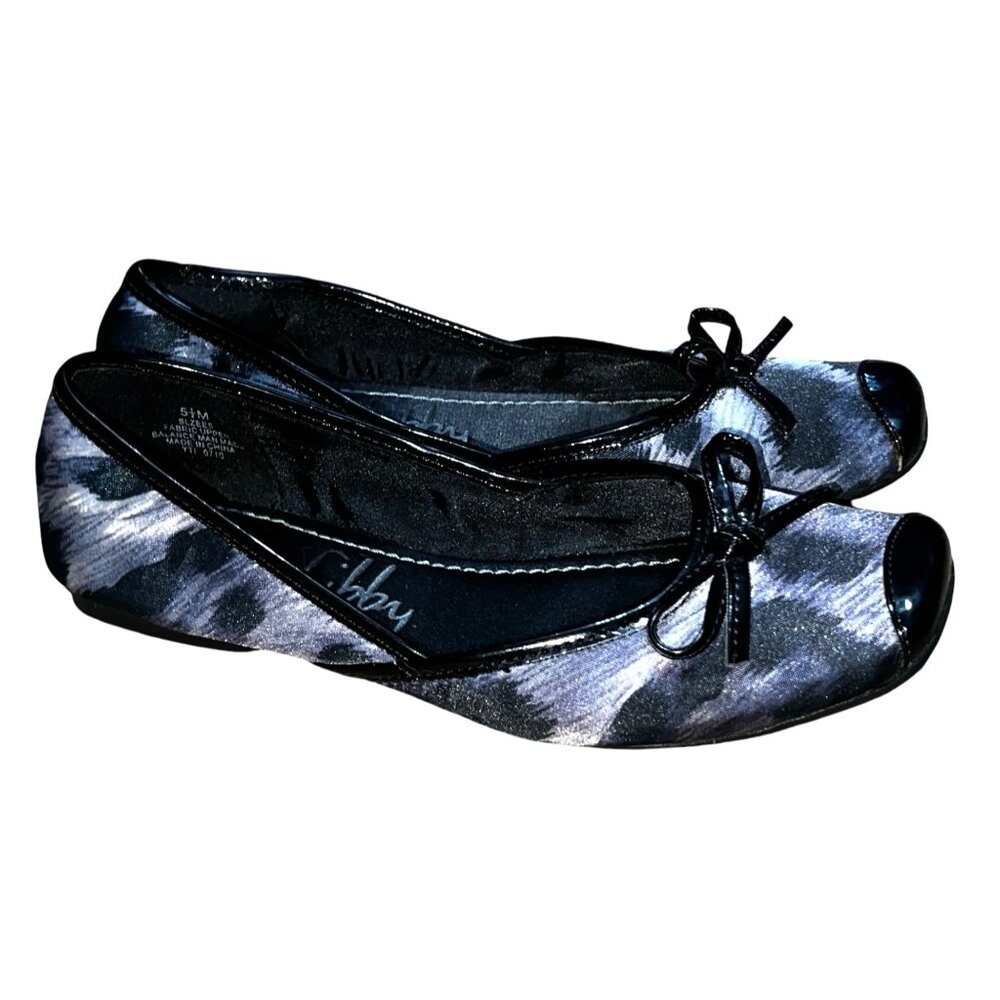 Sam & Libby Zees Shiny Canvas Abstract Bow Front Flat Shoes Sz 5.5 M Womens Blac
